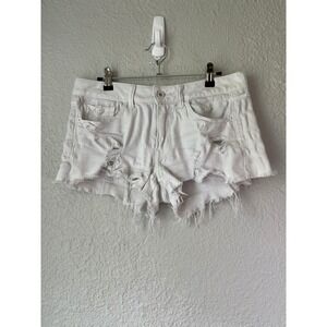 Express White Distressed Raw Hem‎ Low Rise Shortie Denim Shorts Size 6